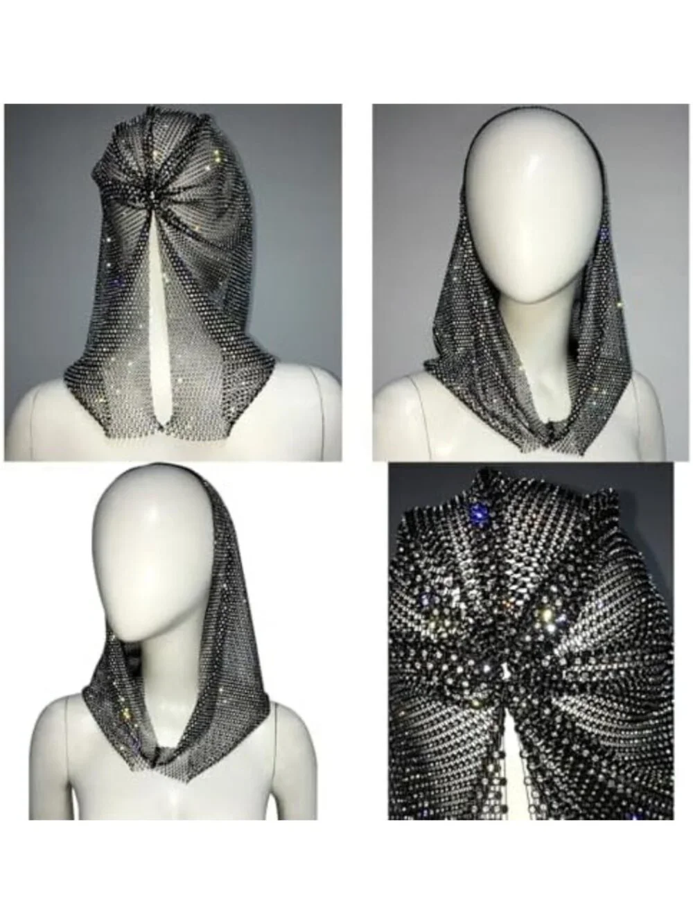 Sparkly Rhinestone Mesh Head Scarf Hood - Crystal Headband for Festival & Party